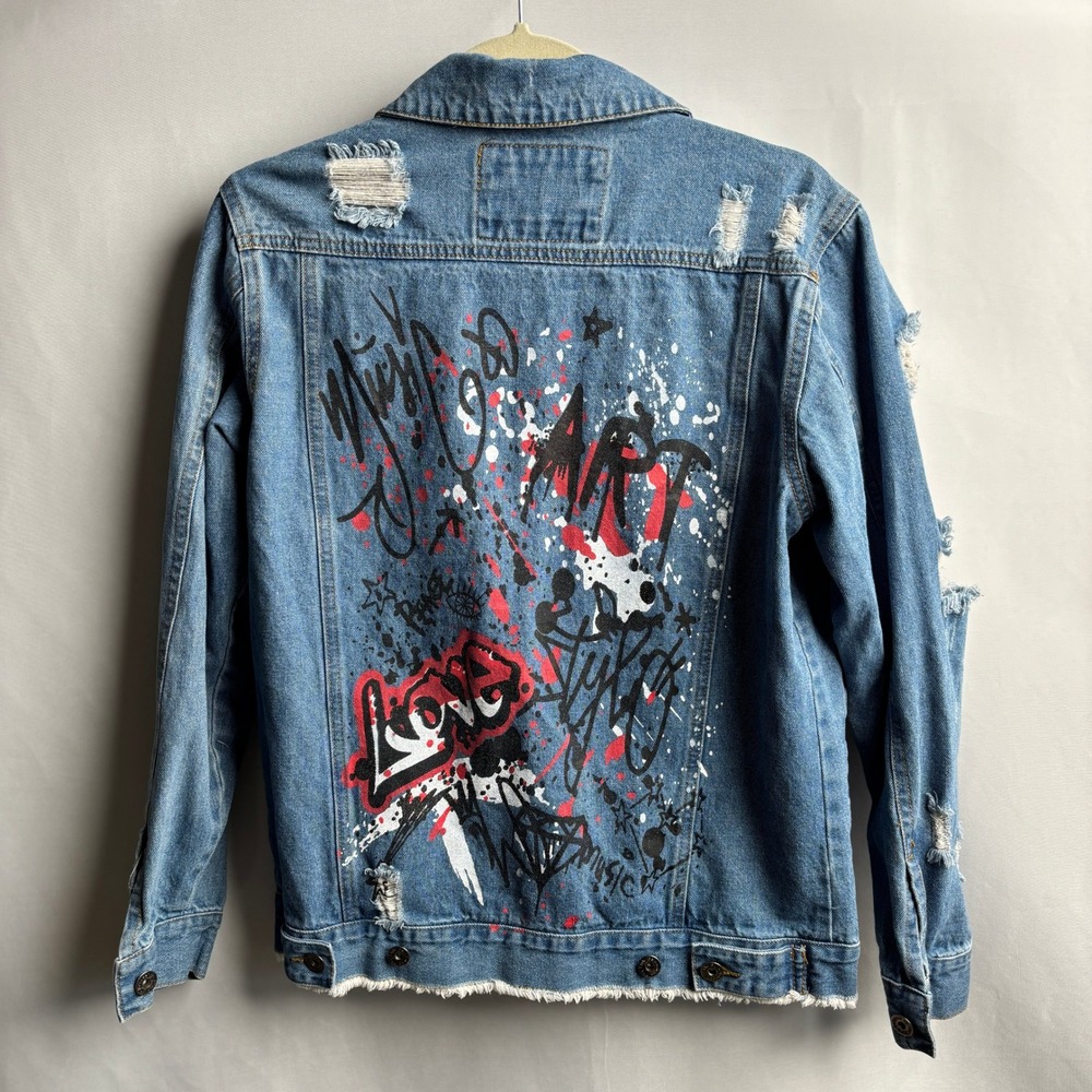 Womens Boho Denim Jacket M Blue Cotton Graphic Art Distressed Grunge Graffiti
